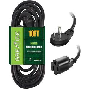 10 Ft Flat Plug Extension Cord, 16 AWG 3 Prong Grounded  Extension Cable